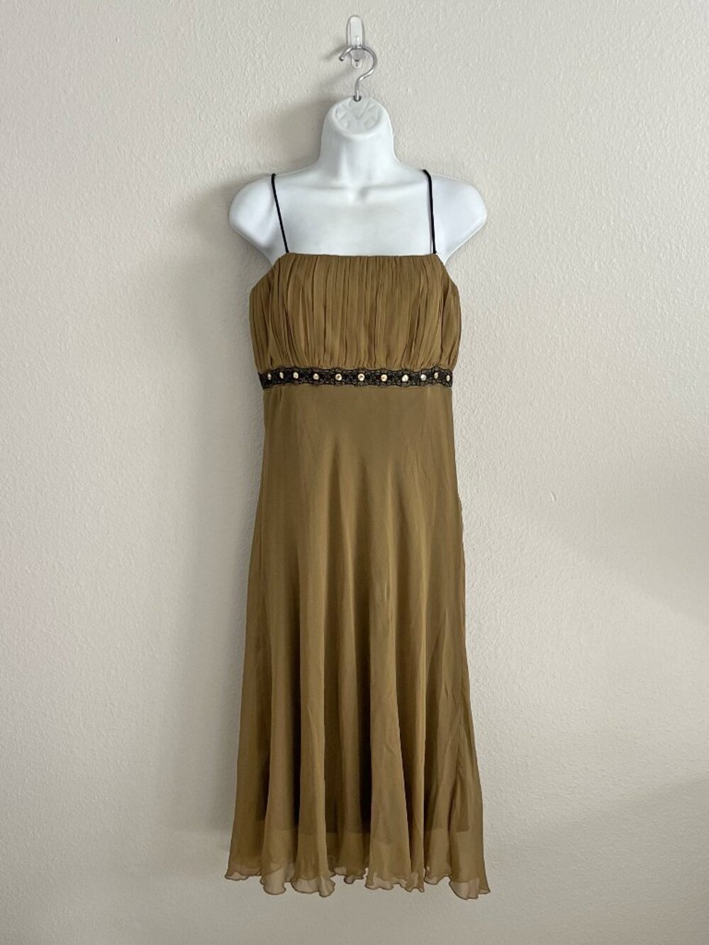Y2K Vintage Silk Khaki Green Boho Midi Formal Dress Jonathan Martin Studio Sz M